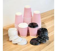 HOT BARGAINS 12oz Disposable Coffee Cups with Reusable lids, 360ml Triple Layered Kraft Paper Cups, red and White Ripple Design, 100 Count