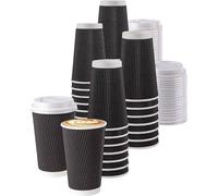 HOT BARGAINS 16oz Black Ripple Kraft Paper Cups with Lids, Triple Wall Insulated for Hot and Cold Drinks, Pack of 25