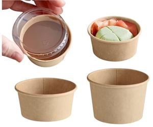 HOT BARGAINS 200 X 2oz Kraft Paper Sauce Pots with Reusable Lids Small Pots Round Container with Airtight Clear Lids for Ketchup, Chutney, Dips and Sauces (60ml) (2, Round, 200, KT - 2OZ)