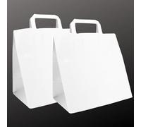 HOT BARGAINS 250 X Paper Bag with Handle White Extra Large (320 x 210 x 330mm Size) SOS Takeaway Flat Handle Paper Carrier Bags 100% Recyclable (X - Large, White, 250)