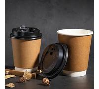 HOT BARGAINS, 50 Set of 8oz, 12oz, and 16oz Brown Insulated Takeaway Disposable Double Wall Paper Coffee and Cold Drinks Cups to Go with White/Black Lids (8oz)