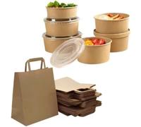 HOT BARGAINS 50 X 26oz Disposable Salad Bowls with Lids + 50 Large Brown Paper Bags (26x14x29cm) Takeaway Eco Friendly (26oz)