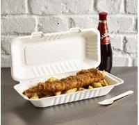 HOT BARGAINS 50 x Bagasse Single Compartment Snack Box, Fish and Chips Large White Box - 324 x 155 x 60mm (13"X 6") Disposable Food Boxes (50)