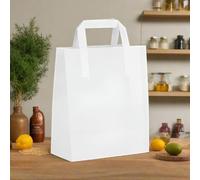 HOT BARGAINS 50 X Large White Paper Bags with Flat Handle - SOS Takeaway Carrier, 100% Recyclable, Eco-Friendly Shopping & Takeaway Bags, Strong & Durable (50, Large)