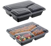 HOT BARGAINS 50 X Reusable Square Shape 3 Compartment Black Food Containers with Clear Lids Microwave, Oven and Freezer Safe BPA-Free for Catering Restaurants