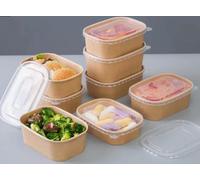 HOT BARGAINS 750ml Kraft Paper Food Containers With Plastic Lids, Rectangular Takeaway Boxes for Restaurant, Food Service, 200 Pack