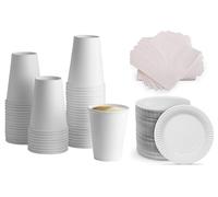 HOT BARGAINS 7oz Single Wall Paper Cups with Napkins and Plates, White, 100 Cups + 100 Napkins + 100 9-Inch Plates