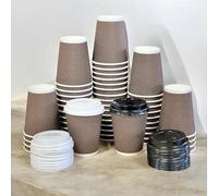 HOT BARGAINS 8oz Disposable Coffee Cups with Reusable Lids, 200 Pack, Brown & White, Ripple Paper, Recyclable Takeaway Cups for Hot and Cold Drinks