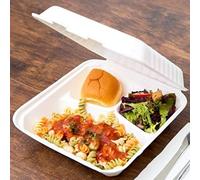 HOT BARGAINS Bagasse Food Container 9 x 9 inch 3 Compartment Box, Pack of 200, White, Biodegradable