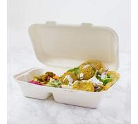 Hot Bargains Bagasse Takeaway Food Box 50 Pack 9.8 X 6 Inch 2 Compartment Clamshell