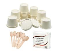 HOT BARGAINS Disposable Soup Cups with Lids Set, White Kraft Paper Containers with Wooden Spoons and Paper Napkins for Takeaway Food, 16oz/453ml, 100 Sets