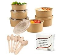 HOT BARGAINS Kraft Paper Salad Bowls with Lids, Wooden Spoons and Napkins, 18oz/500ml, Pack of 100