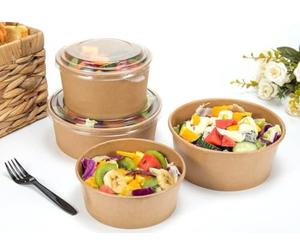 HOT BARGAINS Kraft Paper Salad Bowls with Reusable Lids, 35oz/1000ml Food Containers, Pack of 150, Brown