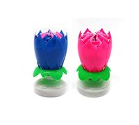 HOT BARGAINS Musical Birthday Candles, 2 Pack Lotus Flower Shape with Auto-Opening Petals, Blue and Pink
