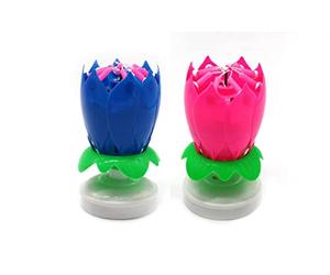 HOT BARGAINS Musical Birthday Candles, 2 Pack Lotus Flower Shape with Auto-Opening Petals, Blue and Pink