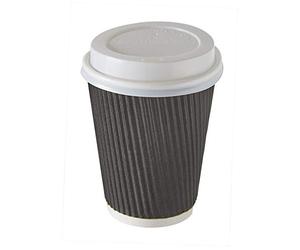 HOT BARGAINS Triple Wall Black Paper Coffee Cups with Reusable Lids, 12oz/360ml Disposable Ripple Cups, Pack of 100