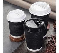 HOT BARGAINS Triple Wall Black Paper Coffee Cups with Reusable Lids, 8oz/230ml Disposable Ripple Cups, Pack of 100