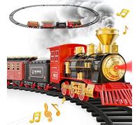 Hot Bee Christmas Train Set for 3 4 5 6 Year Old Boys Under Tree, Electric Train Set for Kids Adults, Train for Around the Christmas Tree, Steam Train Toy with Smoke