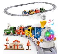 Hot Bee Electric Train Track Set for Kids - Toddler Train Set with Magnetic Trains & Tracks, Battery Powered Locomotive with Steam, Sound & Light, Train Set for 3 Year Old Boys & Girls