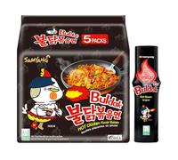 Hot Chicken Ramen Spicy Fire Noodle Ultimate Challenge - 5 Packs Original Noodles & 1 Bottle Fire Sauce