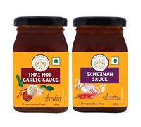Hot Chilli Sauce Combo of 2 - Thai Hot Garlic + Schezwan Sauce - Trans-Fat Free, Preservative Free & Chemical Free - 200 gm each