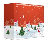 Hot chocolate advent calendar 2025 with 24 days flavoured hot chocolate sachets selection, hot chocolate bomb & stirrers, marshmallow and Christmas candy cane stirrer and Christmas gingerbread men