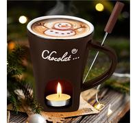 Hot Chocolate Fondue Mug Set - Ceramic Chocolate Melting Fondue Cup with Fork and Tealight, Personal Cheese,Sweet Caramel Melting and Butter Warmer Pot Gift Set for Christmas, Birthday,Wedding