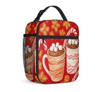 Hot Chocolate Insulated Lunch Bag, Christmas Cozy Gingerbread Candy Cane Christmas Red Waterproof Reusable Lunch Bag with Pockets for Work Travel Commuting 1pcs