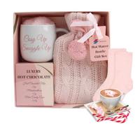Hot chocolate mug gift set with hot water bottle mini marshmallows and christmas candy cane - cosy hot water bottle and hot chocolate gift set - gift set for women teen adults (Pink)