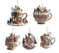 Hot Chocolate Ornaments for Christmas Tree, 2D Christmas Snow House Coffee Cup Acrylic Ornaments, Funny Christmas Landscape Pendant for Festive Celebrations, 5pcs