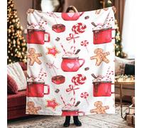 Hot Chocolate Throw Blanket, Christmas Festive Gingerbread Man Candy Cane Christmas Red Fleece Blankets Soft Cozy Decorative for Couch Sofa Bed Lap Desk Dorm Office Work 60x80 Inch