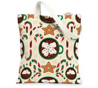 Hot Cocoa And Gingerbread Winter Theme Christmas Canvas Tote Bag 13x15 Inch | Gingerbread Biscuit , Candy Canes, Snowflakes, Cozy Winter Atmosphere, Seasonal Beverage Theme