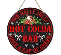 Hot Cocoa Bar Decor Sign, Christmas Decor for Home Kitchen Coffee Bar Cafe, Holiday Hanging Sign,The Holly Jolly.Home Office Farmhouse Yard Garden Synthetic Round Wood Sign 12 x 12 inch