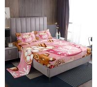 Hot Cocoa Dessert Sheet King Size Gingerbread Man Biscuit Bedding Set Merry Christmas Kids Teens Adults Watercolor Snowflake Fashion Bed Sheet Set 4pcs(Fitted + Flat + 2 Pillowcases)