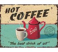 Hot Coffee Pot & Cup for Cafe, drink, or Kitchen Old Vintage Retro Advertising Decorative Small Metal/Steel Wall Sign