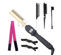 Hot Comb Hair Straightener Set: 8Pcs Ceramic Heated Hair Straightener Comb Set with 3 Slick Back Brushes 2 Salon Clips 2 Lace Band 14 Heat Settings for Women Curly Straight Wigs Styling