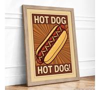 Hot Dog Celebration Retro Framed Wall Art Print A4 (29.7×21cm) Oak, Wall Decor for Living Room, Bedroom, Office & Home, Ready to Hang, Art Gift