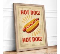 Hot Dog Diner Delight Retro Framed Wall Art Print A4 (29.7×21cm) Oak, Wall Decor for Living Room, Bedroom, Office & Home, Ready to Hang, Art Gift