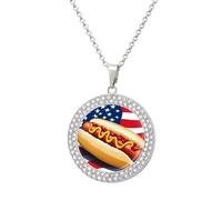 Hot Dog U.S. Flag Shiny Diamond Necklace for Women Personalized Round Pendant Chain Jewel Gift