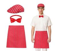 Hot Dog Vendor Costume - 1950s Adjustable Red White Striped Bib With Matching Hat & Bow Tie | Popcorn Ice Cream Waiter Costume Kit For Carnival Theater Performance, Birthday Party & Role Play