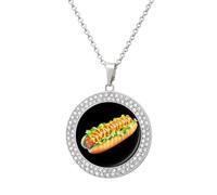 Hot Dog with Mustard And Lettuce Shiny Diamond Necklace for Women Personalized Round Pendant Chain Jewel Gift