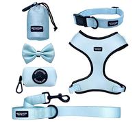Hot Doggies Dog Walking Bundle Set. 6 COLOURS and 5 INCLUDES Harness, Lead, Collar, Treat Bag, Poo Bag Holder, Bow Tie (Medium, Ice Blue)