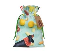 Hot Dogs and Lemonade Printed Christmas Drawstring Bags,M Reusable Xmas Gift Storage Bags, Green Christmas Ribbon