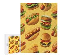 Hot Dogs Sandwiches Hamburger Funny Wooden Jigsaw Puzzle with Storage Box Adult Puzzles Letter on Back Gift for Family Game