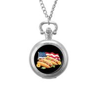 Hot Dogs U.S. Flag Vintage Pocket Watch with Chain Classic Numerals White Dial