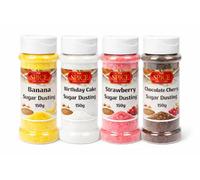 Hot Drinks Dusting Topper Flavouring Pack of 4, Banana, Birthday Cake, Chocolate Cherry, Strawberry (4 x 150g)- Also for Popcorn flavouring, Cupcake Duster, Icing, baking by The Spice Specialist