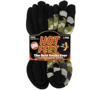 HOT FEET Cozy, Heated Thermal Socks for Men, Warm, Patterned Crew Socks, USA Men's Sock Sizes 6 12.5, (Green Camo/Solid Black) (2, Pack)