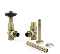 Hot Flow Antique Brass Jordan Angled TRV Thermostatic Radiator Valve (Pair) Includes Angled TRV Body, Wheel Head, Lock Shield & Pipe Sleeve for Quick & Easy Temperature Control.