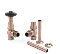 Hot Flow Antique Copper Jordan Angled TRV Thermostatic Radiator Valve (Pair) Includes Angled TRV Body, Wheel Head, Lock Shield & Pipe Sleeve for Quick & Easy Temperature Control.