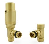 Hot Flow Brushed Brass Marella Modern Thermostatic Radiator Valve Angled TRV. Includes Angled TRV Body, Wheel Head, Lock Shield for Quick & Easy Temperature Control.
